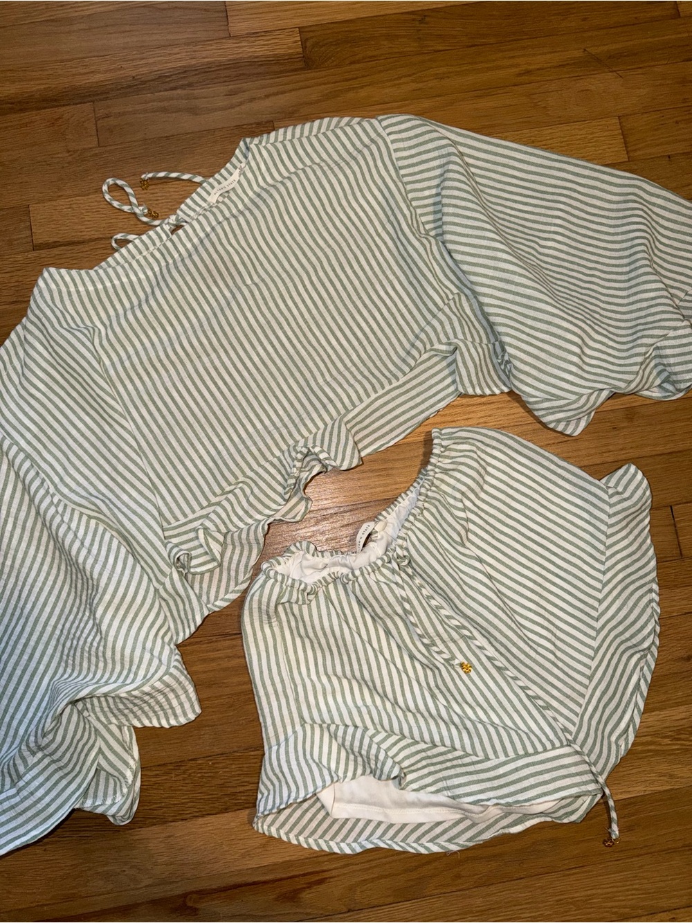 Altar'd State Sage Green Striped Ruffle Hem Drawstring Shorts - Picture 4 of 5